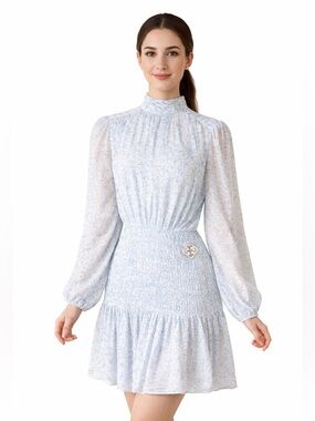 House of Harlow 1960 Light Blue Smocked Mini Dress L NWT Romantic Boho Ruffle